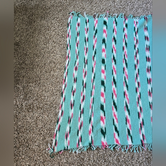 Vintage Shawl Wrap, Leg Warmer Crochet By Hand 1988 With Fringe Greens & Pink - Picture 3 of 9